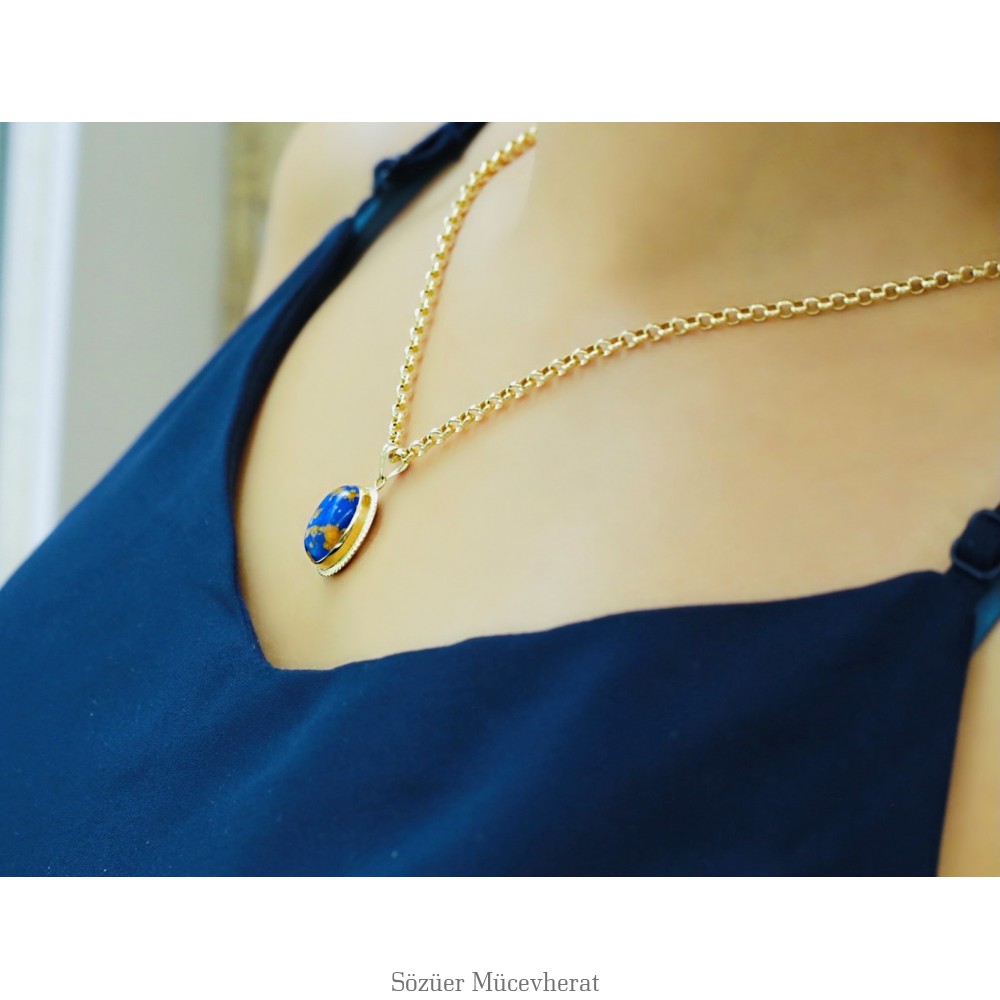 Mavi Mineli Dünya Altın Kolye