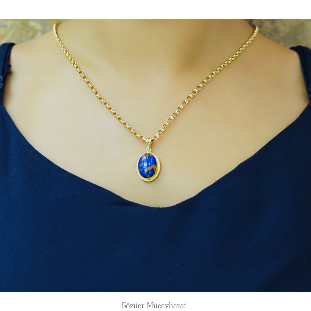 Mavi Mineli Dünya Altın Kolye