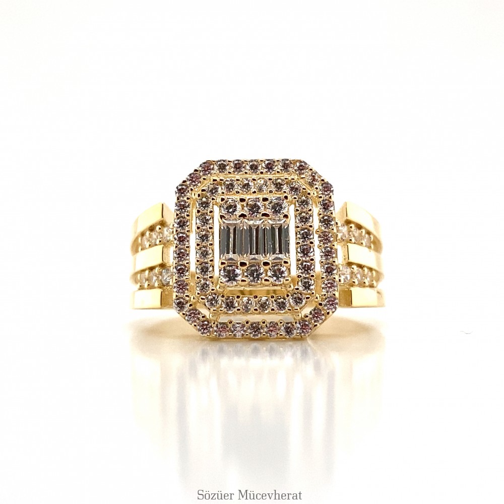 Yanı Taşlı Çift Şeritli Baget Altın Yüzük