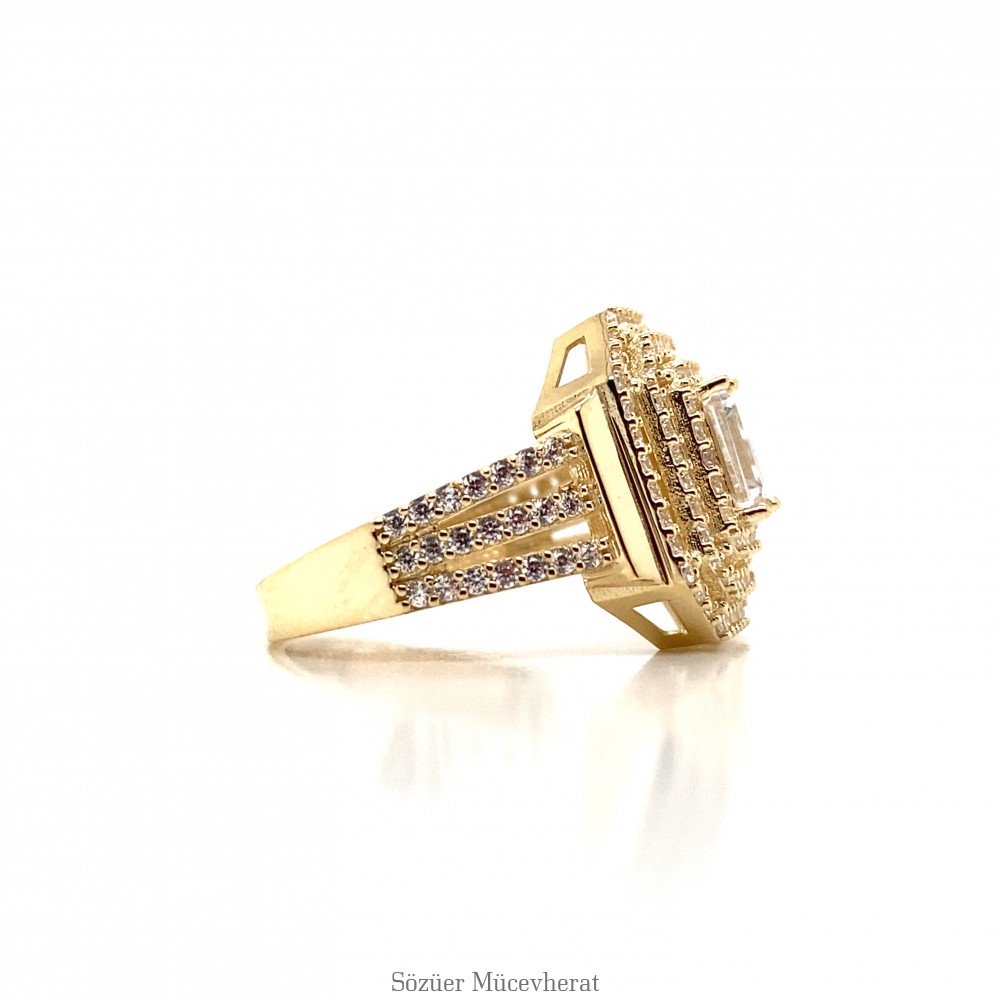 Yanı Taşlı Üç Şeritli Baget Altın Yüzük