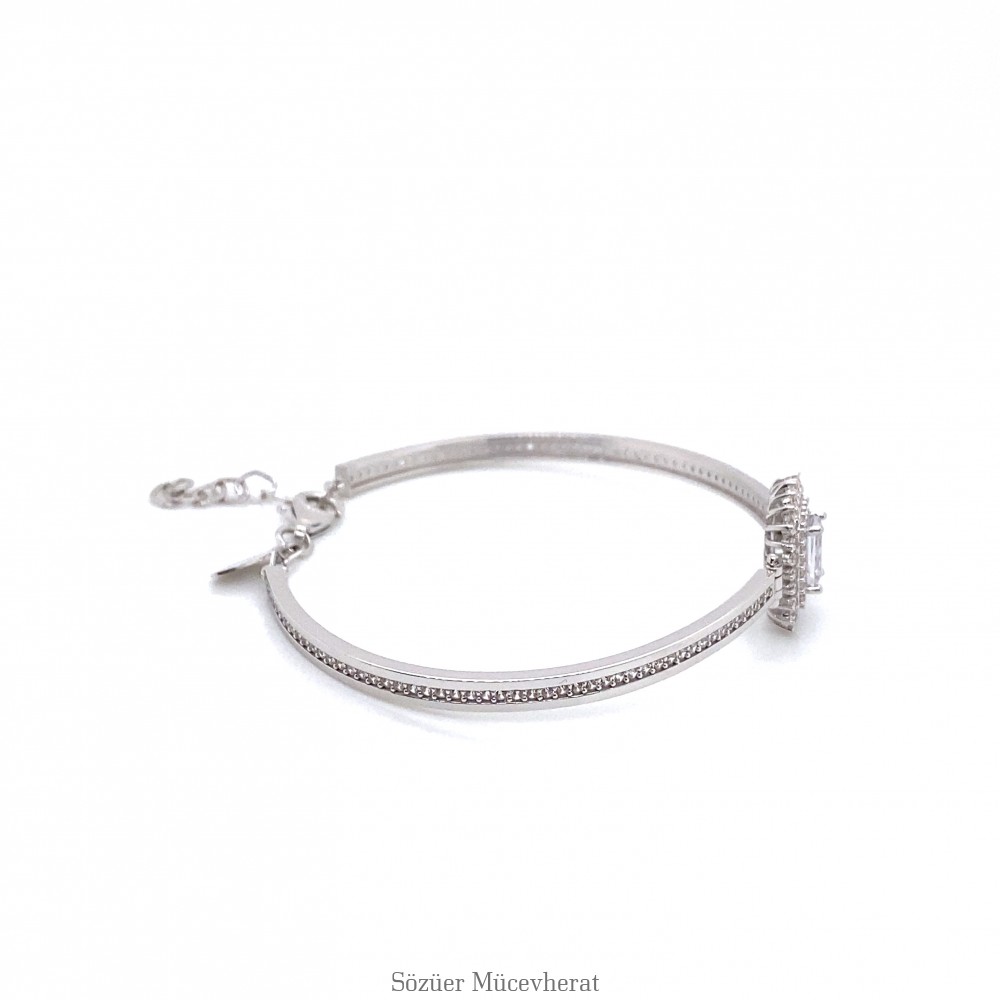 Taşlı Fantezi Baget Beyaz Altın Kelepçe