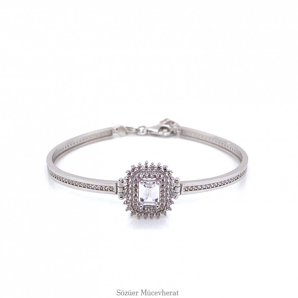 Taşlı Fantezi Baget Beyaz Altın Kelepçe