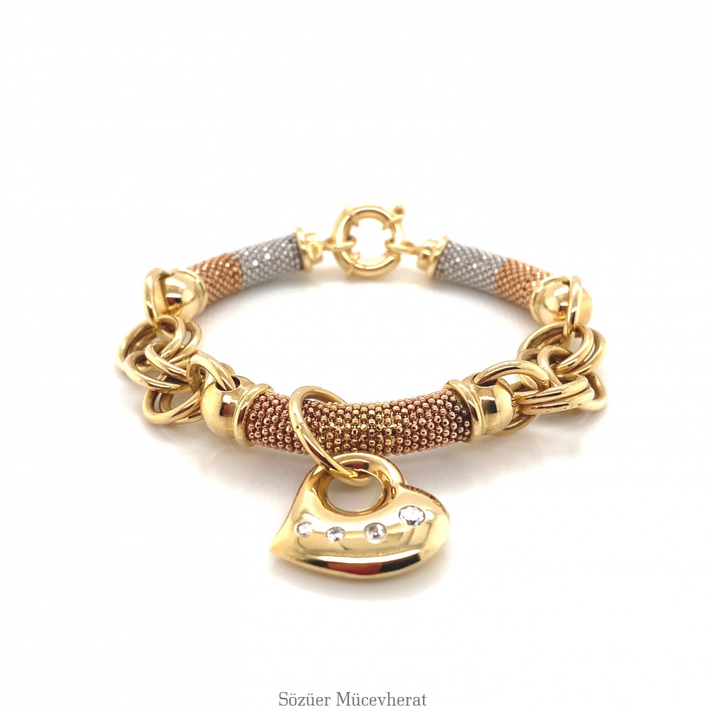 Kalp Detaylı Hallow Üç Renk Altın Bileklik