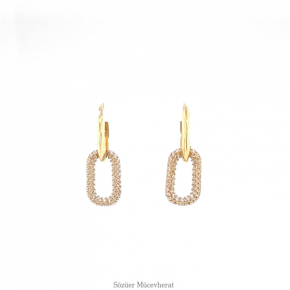 Swarovski Taşlı Çift Halka Sallantılı Altın Küpe