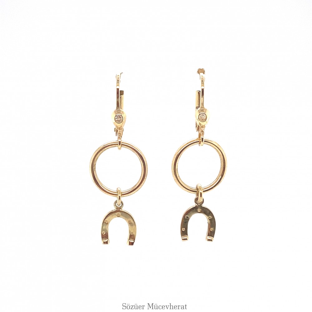 Taşlı Sallantılı Nal Altın Küpe