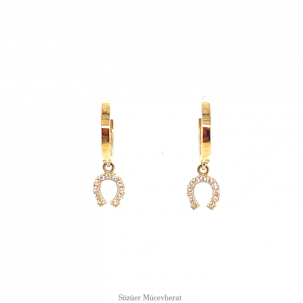 Taşlı Nal Sallantılı Altın Küpe