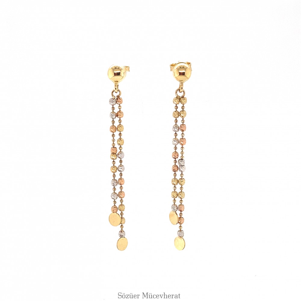 Dorika Toplu Üç Renk Sallantılı Altın Küpe