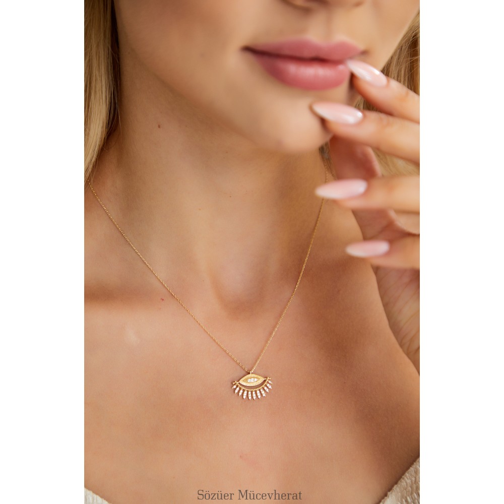 BEYAZ TAŞLI GÖZ ALTIN KOLYE