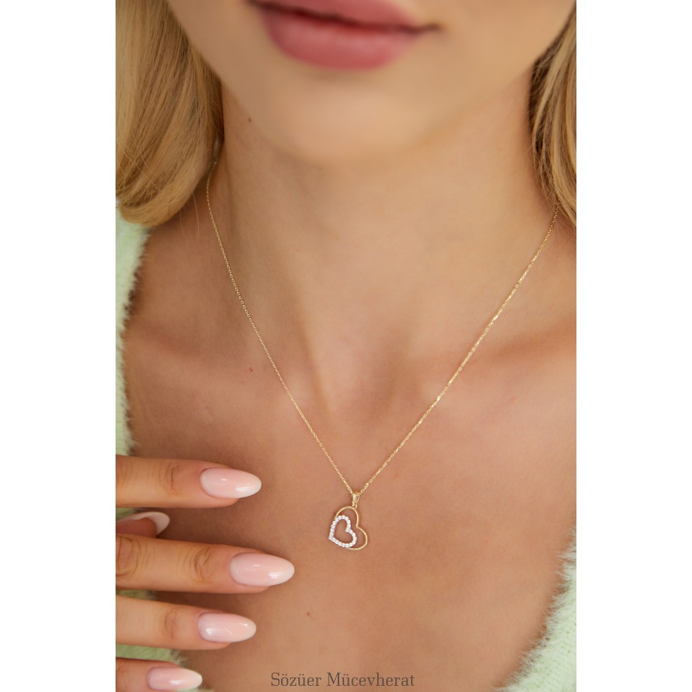 TAŞLI İKİ RENKLİ ALTIN KALP KOLYE