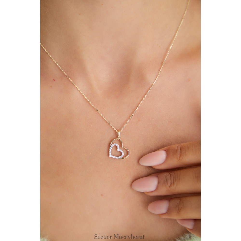 TAŞLI İKİ RENKLİ ALTIN KALP KOLYE