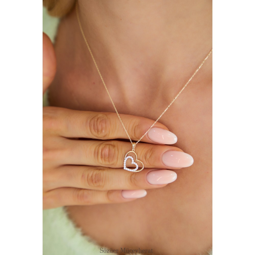 TAŞLI İKİ RENKLİ ALTIN KALP KOLYE