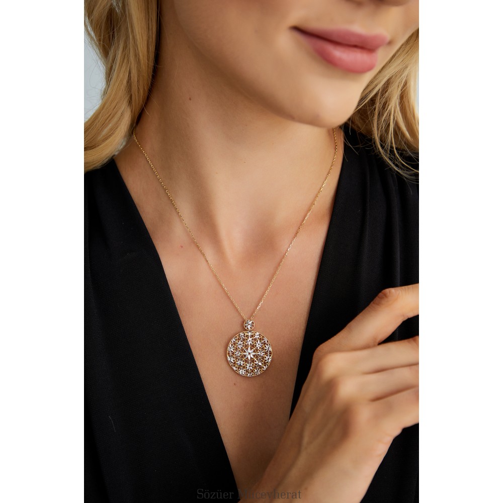 İTALYAN YILDIZLI YUVARLAK TELKARI ALTIN KOLYE