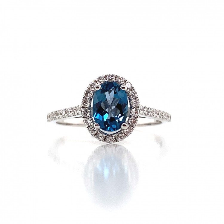 Yanı Pırlanta Taşlı Oval London Blue Yüzük