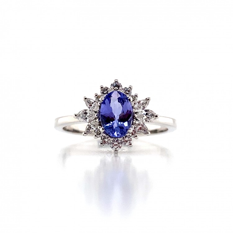 Yanı Pırlanta Taşlı Oval Tanzanit Yüzük