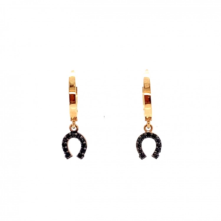 Siyah Taşlı Nal Sallantılı Altın Küpe
