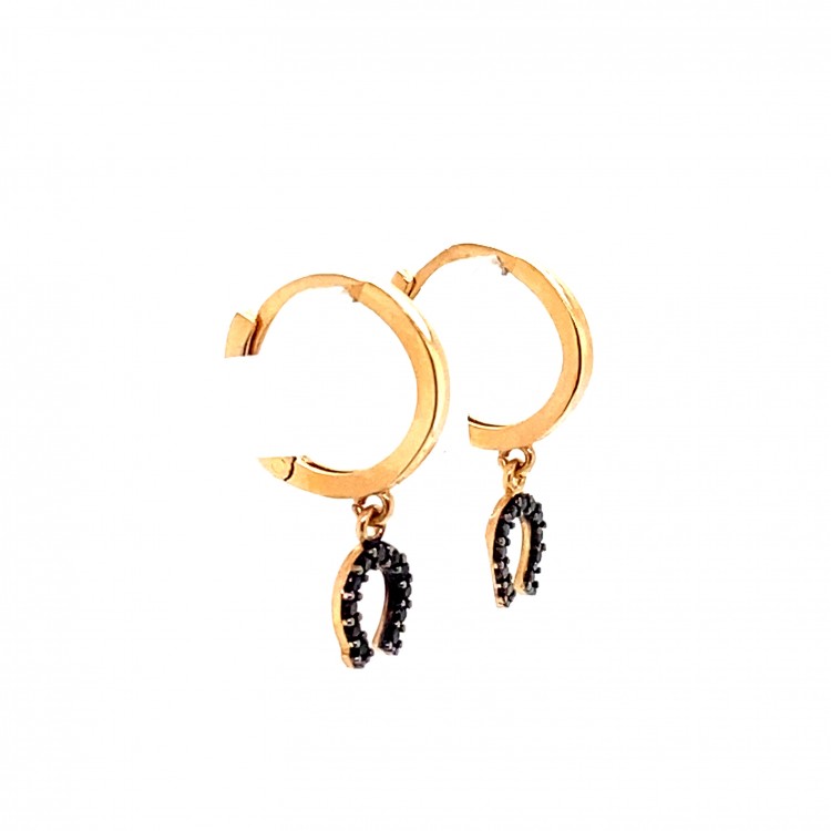 Siyah Taşlı Nal Sallantılı Altın Küpe