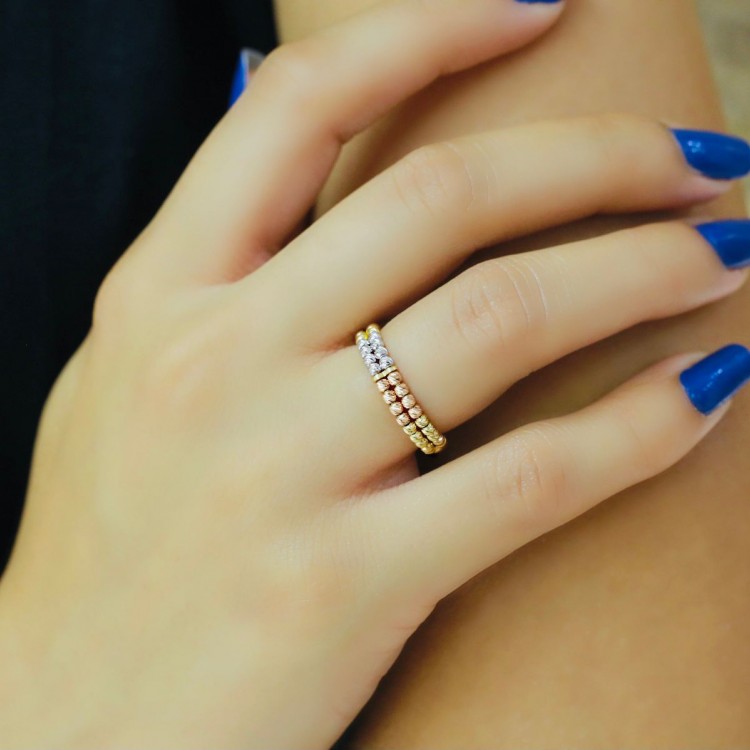 İki Sıralı Üç Renk Dorika Toplu Altın Yüzük