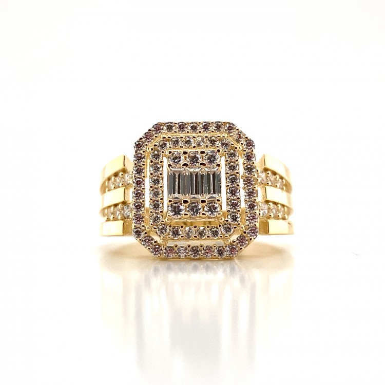 Yanı Taşlı Çift Şeritli Baget Altın Yüzük